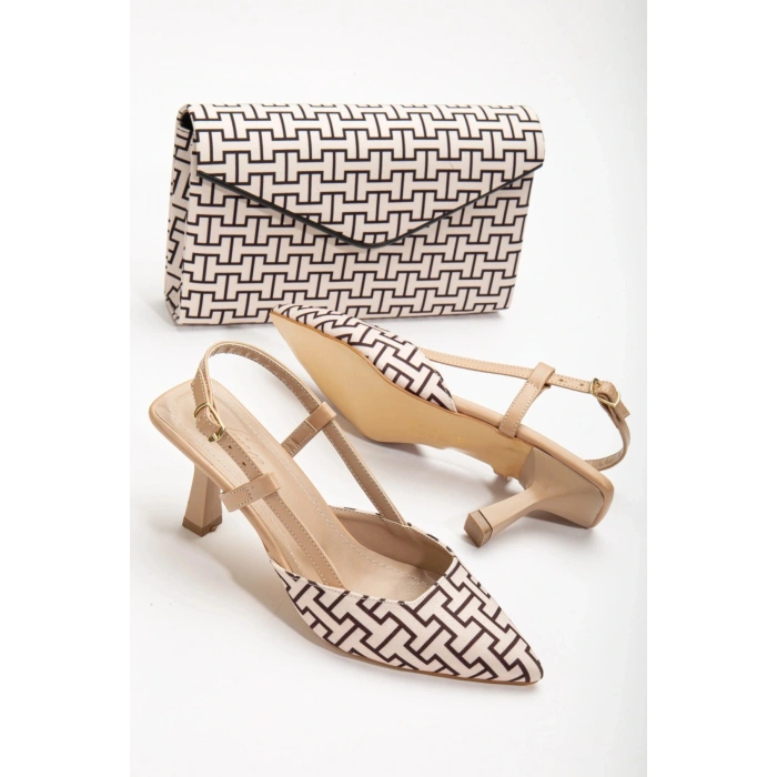 Kadın Nude Kumaş Yeni Ikonik Tarz Topuklu Sivri Burunlu Rahat Şık Stiletto Ve Çanta Kombini