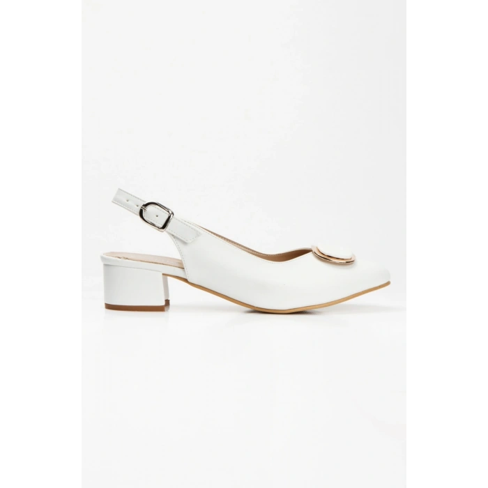 Kadın Beyaz  Arkası Açık Kısa Kalın Topuklu Şık Toka Detaylı  ve Rahat Stiletto