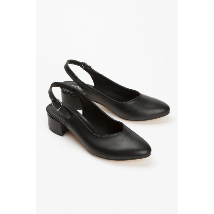 Kadın Siyah  Suni Deri Cİlt Arkası Açık Kısa Kalın Topuklu Şık ve Rahat Stiletto