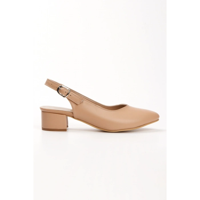 Kadın Nude Suni Deri Cİlt Arkası Açık Kısa Kalın Topuklu Şık ve Rahat Stiletto