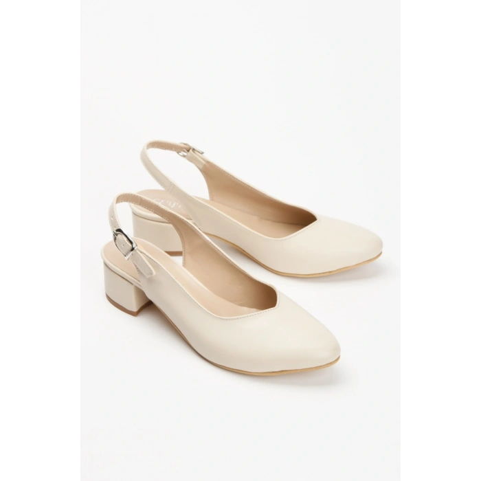 Kadın Ten-Bej  Suni Deri Cİlt Arkası Açık Kısa Kalın Topuklu Şık ve Rahat Stiletto