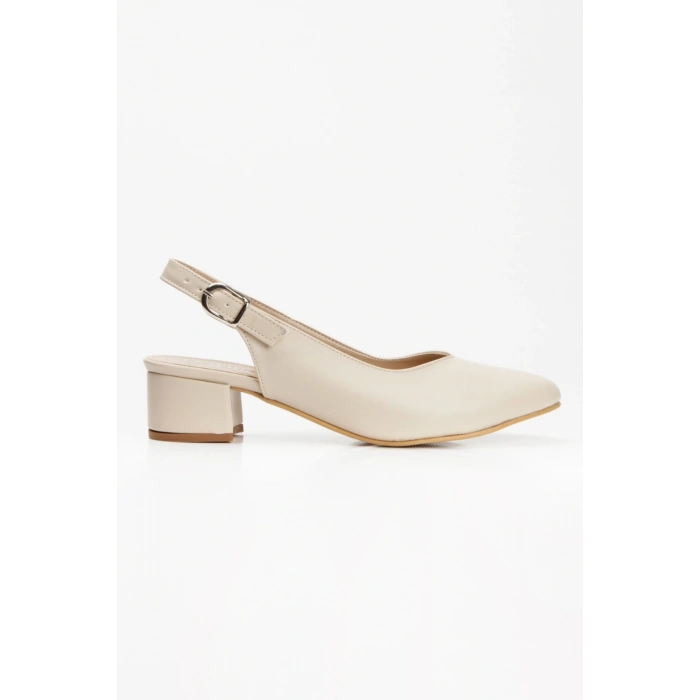 Kadın Ten-Bej  Suni Deri Cİlt Arkası Açık Kısa Kalın Topuklu Şık ve Rahat Stiletto