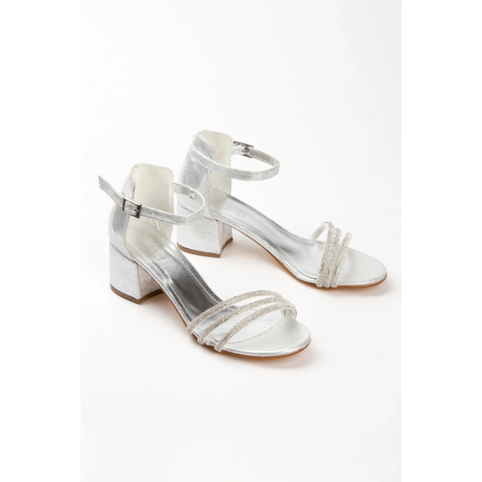 Kadın Gümüş Abiye 3 Sıralı Parlak Damla Taşlı Arkası Kapalı Yazlık Şık ve Rahat Ayakkabı