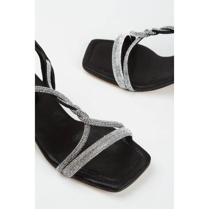 Kadın Siyah  Abiye Parlak Damla Taşlı Sarmaşık Model Yazlık Şık ve Rahat Ayakkabı