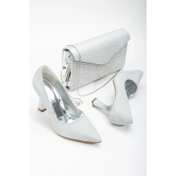 Kadın Gümüş Simli Şık Kadeh Topuklu Rahat Stiletto ve Çanta Kombini