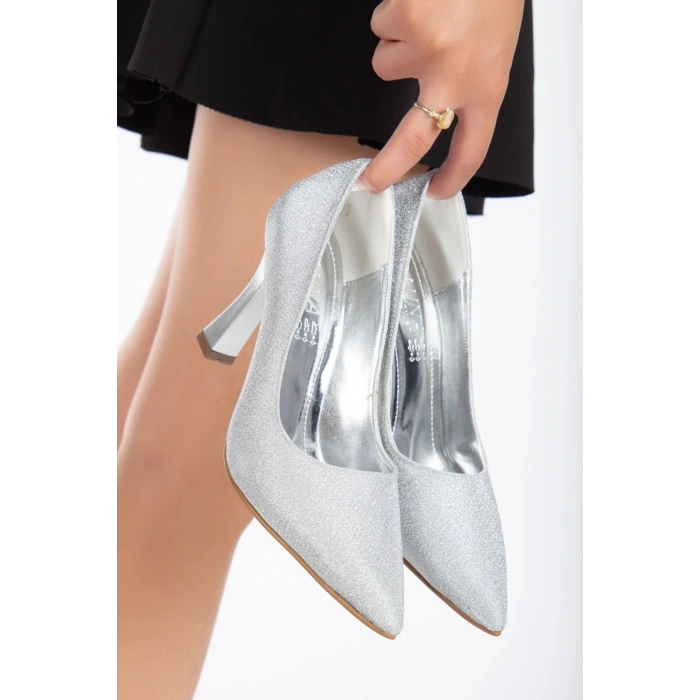 Kadın Gümüş Simli Şık Kadeh Topuklu Rahat Stiletto ve Çanta Kombini