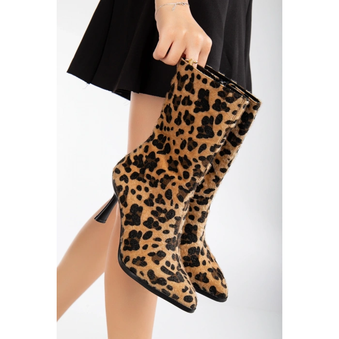 Kadın Leopar Şık İnce Topuklu Rahat Bot