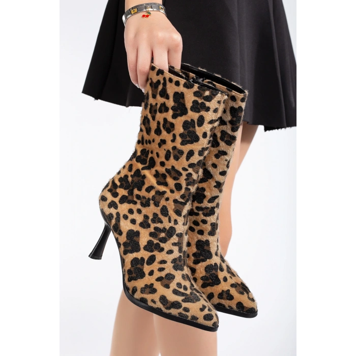 Kadın Leopar Şık İnce Topuklu Rahat Bot ve Çanta Kombini