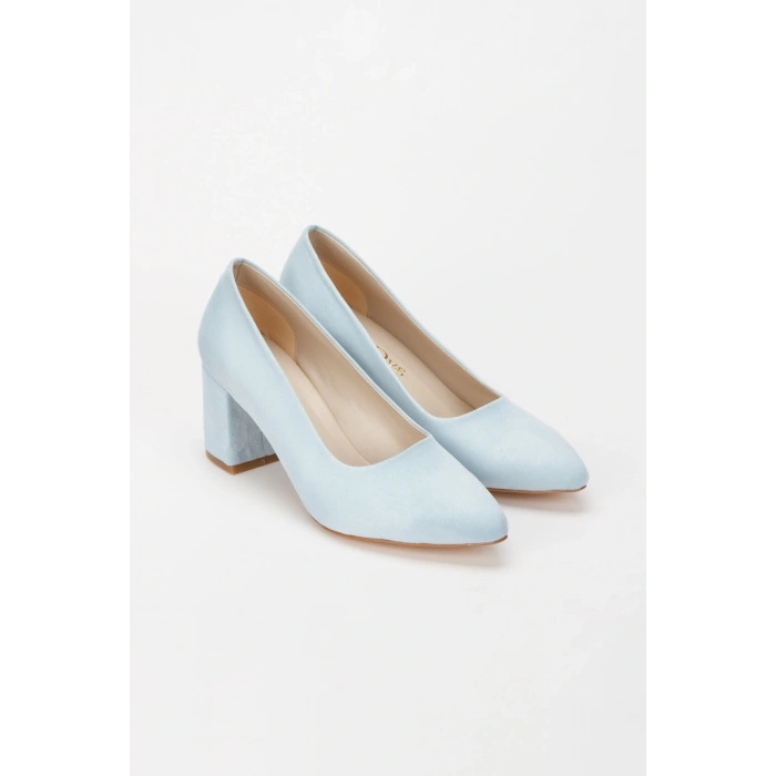 Kadın Bebe Mavi Süet Stiletto Kısa Kalın Topuklu Şık Stiletto