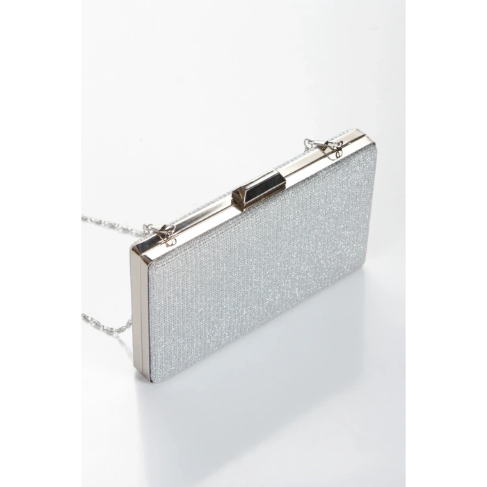 Kadın Gümüş Abiye Parlak Damla Taşlı Baklava Desenli Şık Ayakkabı ve Çanta Kombini