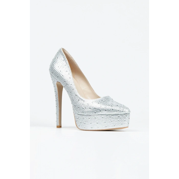 Kadın Gümüş inci Taşlı Yüksek Platform Kapalı Burunlu İnce Topuklu Rahat ve Şık Ayakkabı