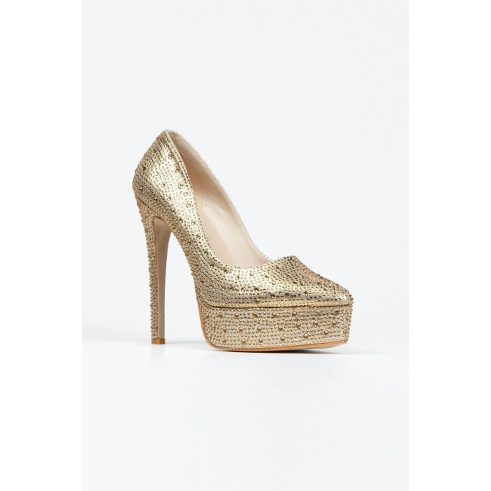 Kadın Altın İnci Taşlı Yüksek Platform  Kapalı  Burunlu  İnce Topuklu Rahat ve Şık Ayakkabı