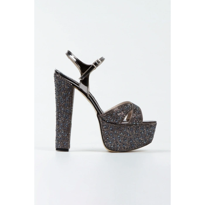 Kadın Platin İnci Taşlı Yüksek Platform Arkası Açık Kalın Topuklu Rahat ve Şık Abiye Ayakkabı