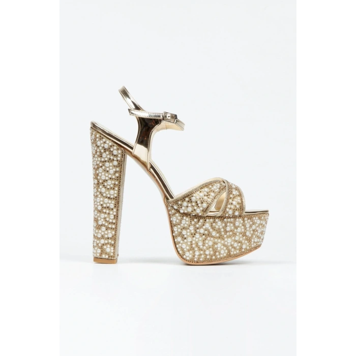 Kadın Altın İnci Taşlı Yüksek Platform Arkası Açık Kalın Topuklu Rahat ve Şık Abiye Ayakkabı