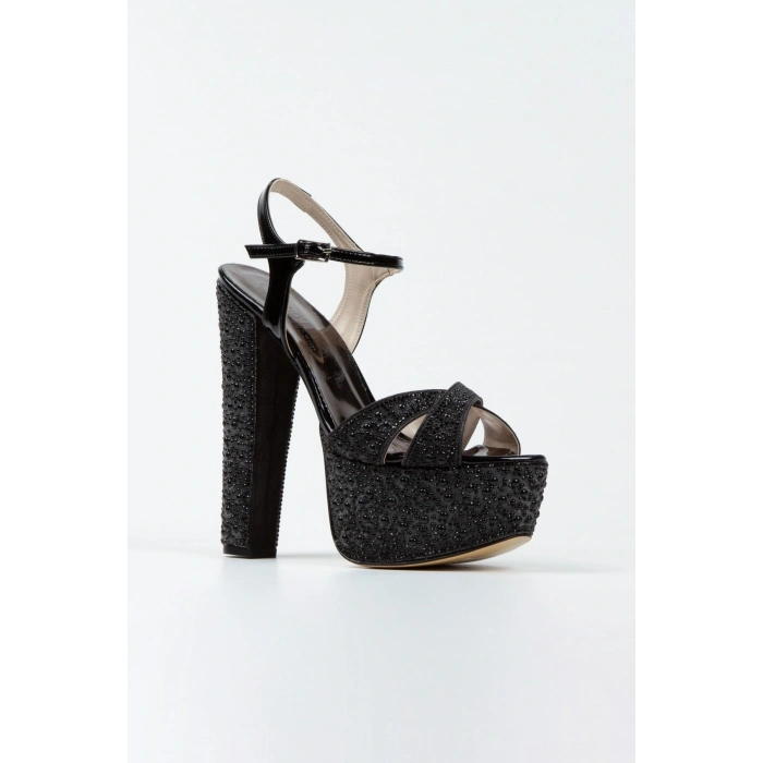 Kadın Siyah İnci Taşlı Yüksek Platform Arkası Açık Kalın Topuklu Rahat ve Şık Abiye Ayakkabı