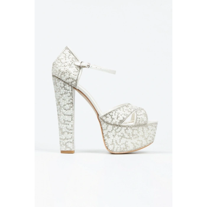 Kadın Sedef İnci Taşlı Yüksek Platform Arkası Kapalı Kalın Topuklu Rahat ve Şık Abiye Ayakkabı