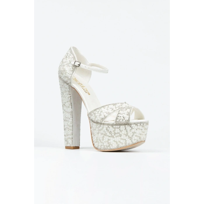 Kadın Sedef İnci Taşlı Yüksek Platform Arkası Kapalı Kalın Topuklu Rahat ve Şık Abiye Ayakkabı