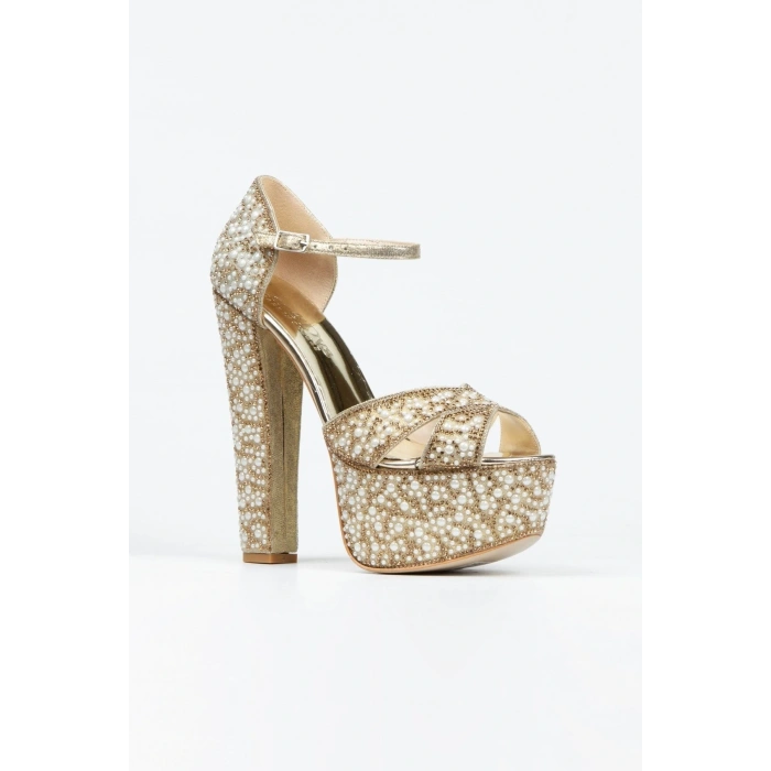 Kadın Altın İnci Taşlı Yüksek Platform Arkası Kapalı  Kalın Topuklu Rahat ve Şık Abiye Ayakkabı