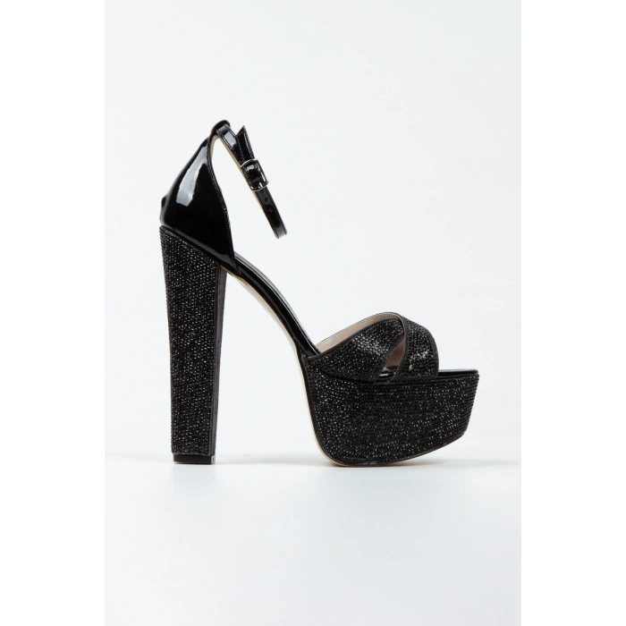 Kadın Siyah  Damla Taşlı Yüksek Platform Arkası Kapalı Kalın Topuklu Rahat ve Şık Abiye Ayakkabı