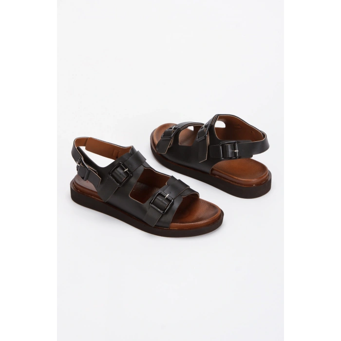 Kadın Siyah Suni Deri Cilt Yumuşak Tabanlı ve Kalın Rahat Tabanlı Yazlık Sandalet