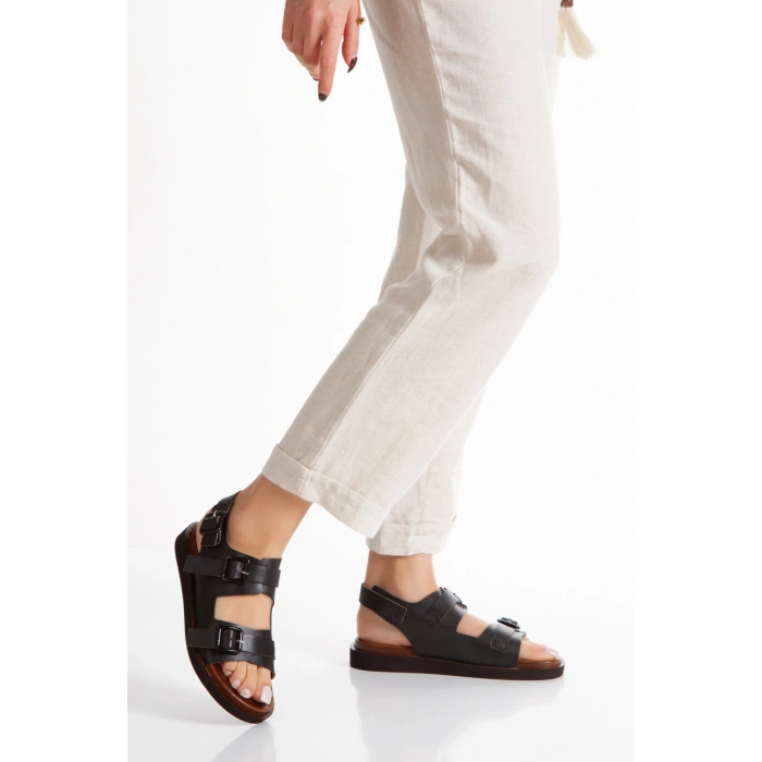 Kadın Siyah Suni Deri Cilt Yumuşak Tabanlı ve Kalın Rahat Tabanlı Yazlık Sandalet