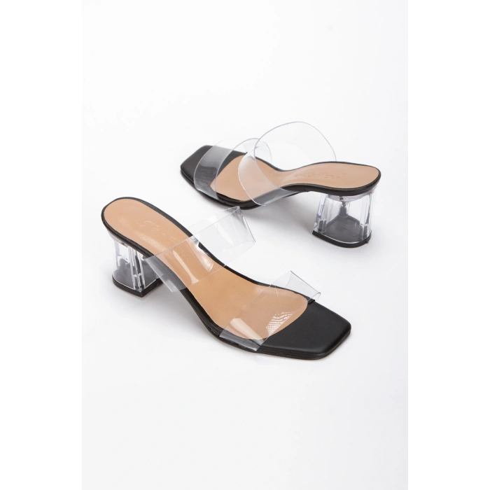 Kadın Siyah  Suni Deri Cilt  Kalın Şeffaf  Topuklu  Rahat Terlik