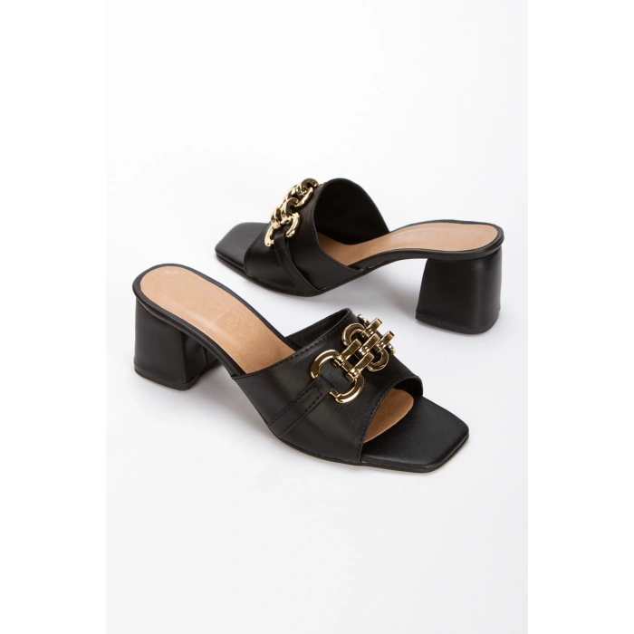 Kadın Siyah Suni Deri Cilt Kalın Topuklu Şık Toka Detaylı Rahat Terlik