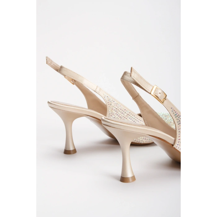 Kadın Altın 7 cm İnce Topuklu Şık Damla Taşlarla Bezenmiş Rahat Stiletto