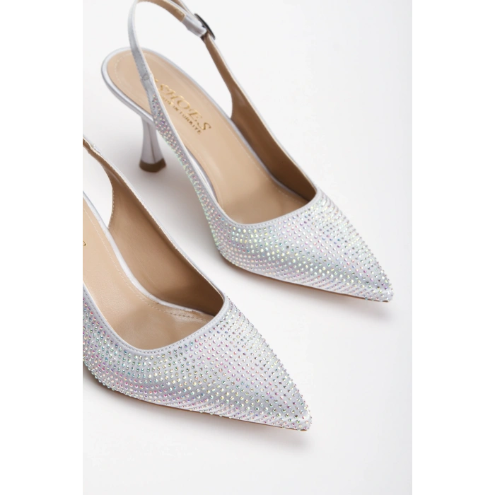 Kadın Gümüş 7 cm İnce Topuklu Şık Damla Taşlarla Bezenmiş Rahat Stiletto