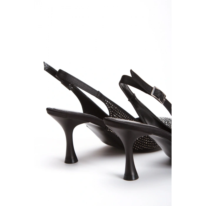 Kadın Siyah Saten 7 cm İnce Topuklu Şık Damla Taşlarla Bezenmiş Rahat Stiletto ve Çanta Kombini