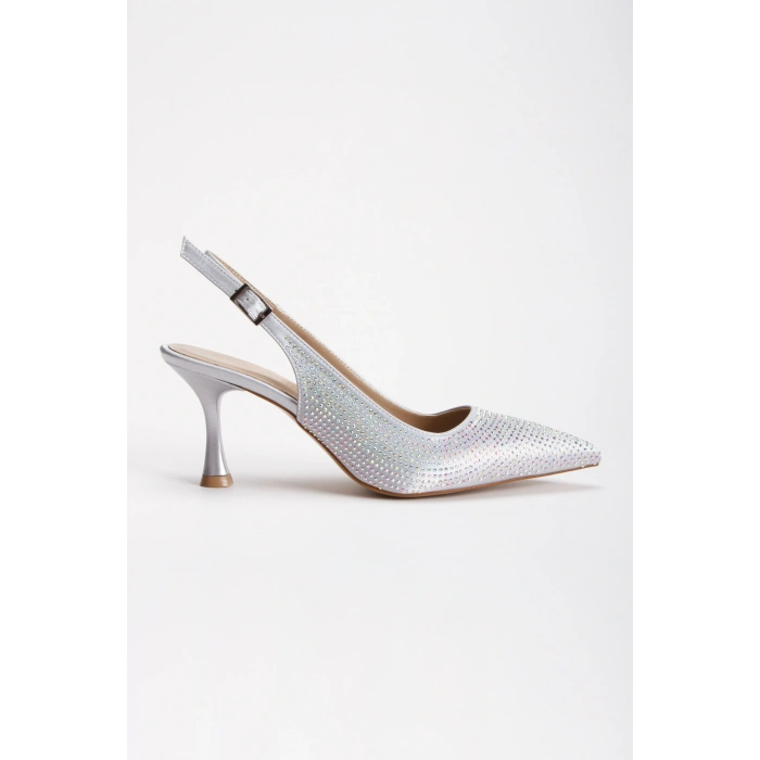 Kadın Gümüş Saten 7 cm İnce Topuklu Şık Damla Taşlarla Bezenmiş Rahat Stiletto ve Çanta Kombini
