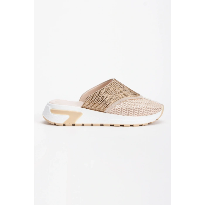 Kadın Bej Kalın  Tabanlı Burnu Fileli Şık Taş Detaylı  Rahat Terlik