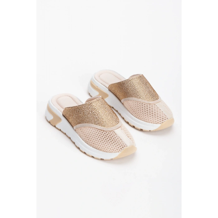 Kadın Bej Kalın  Tabanlı Burnu Fileli Şık Taş Detaylı  Rahat Terlik