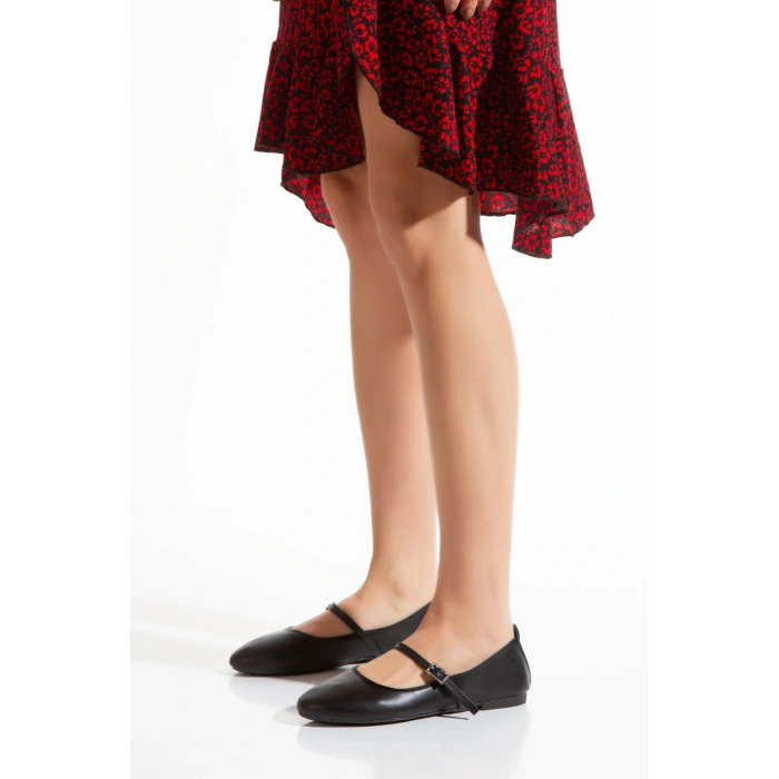 Kadın Siyah Suni Deri Cilt  Düz Topuklu  Rahat Babet Ayakkabı