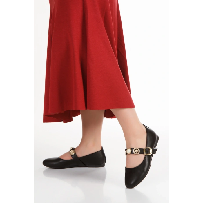 Kadın Siyah    Düz Topuklu Şık  Toka Detaylı  Rahat Babet Ayakkabı