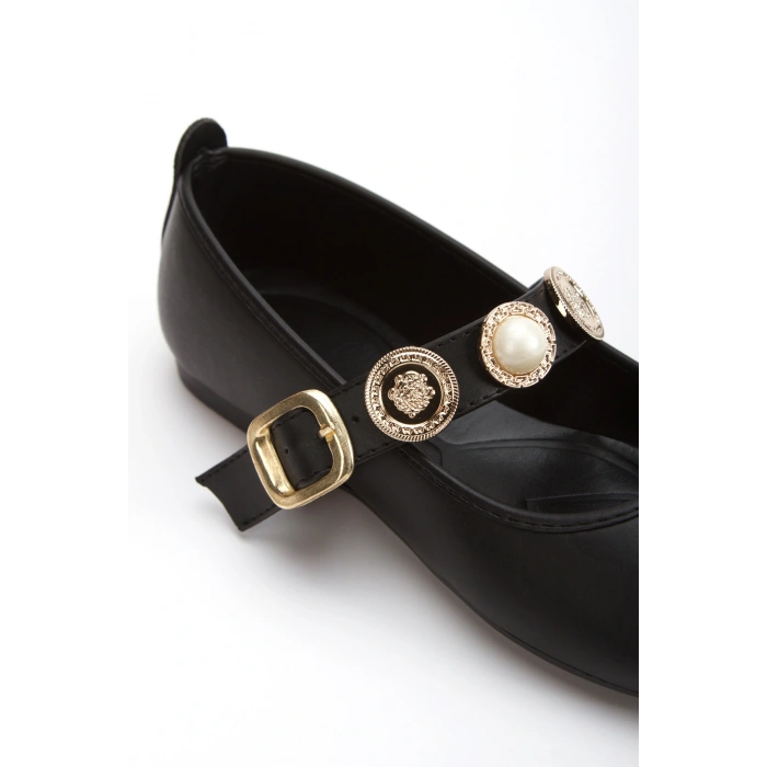 Kadın Siyah    Düz Topuklu Şık  Toka Detaylı  Rahat Babet Ayakkabı