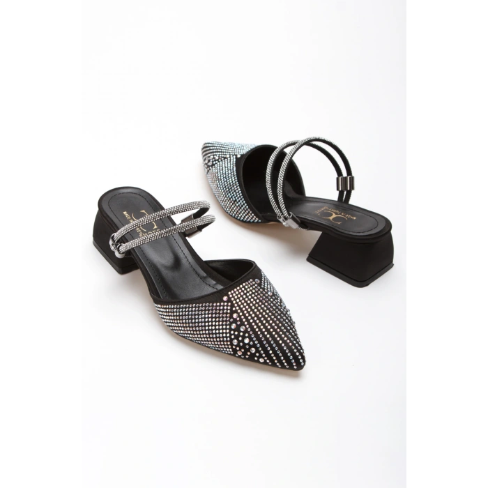 Kadın Siyah  Şık Damla Taşlarla Bezenmiş Arkası Ayarlanabilir Klipsli  Rahat  Abiye Stiletto