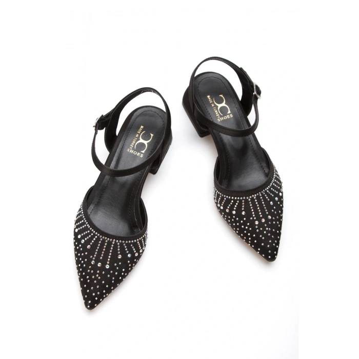 Kadın Siyah Süet  Şık Damla Taşlarla Bezenmiş Arkası Açık Rahat  Abiye Stiletto