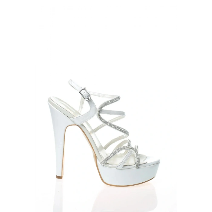 Kadın Beyaz Yüksek Platform İnce Topuklu Şık Taş Detaylı Abiye Ayakkabı