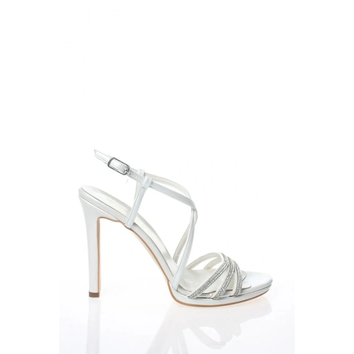 Kadın Beyaz  Platformlu İnce Topuklu Şık 3 Sıralı Taş Detaylı Abiye Ayakkabı