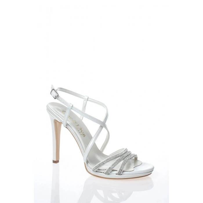 Kadın Beyaz  Platformlu İnce Topuklu Şık 3 Sıralı Taş Detaylı Abiye Ayakkabı