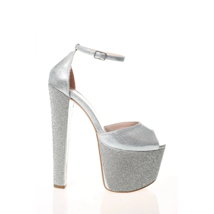 Kadın Gümüş  Taşlarla Bezenmiş Yüksek Platform ve Yüksek Topuklu Arkası Kapalı  Şık Abiye Ayakkabı