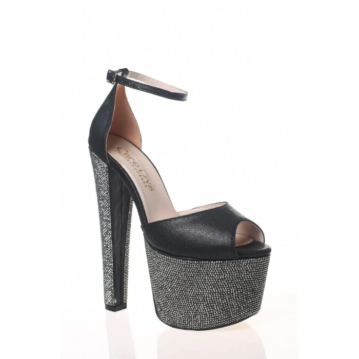 Kadın Siyah Taşlarla Bezenmiş Yüksek Platform ve Yüksek Topuklu Arkası Kapalı  Şık Abiye Ayakkabı