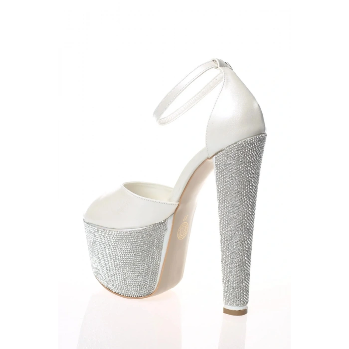 Kadın Sedef Taşlarla Bezenmiş Yüksek Platform ve Yüksek Topuklu Arkası Kapalı  Şık Abiye Ayakkabı