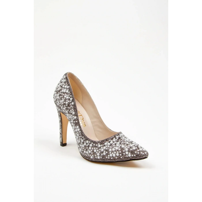 Kadın Platin  İnci Taşlarla Bezenmiş  İNCE Topuklu Sivri Burunlu Şık  Stiletto