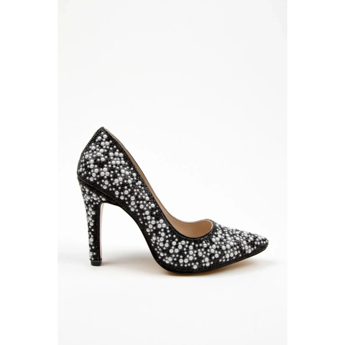 Kadın Siyah İnci Taşlarla Bezenmiş  İNCE Topuklu Sivri Burunlu Şık  Stiletto