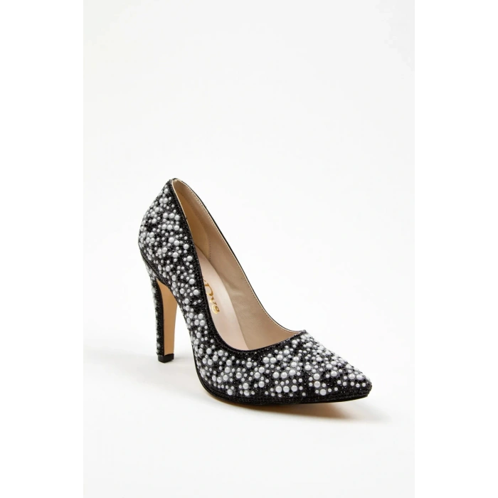 Kadın Siyah İnci Taşlarla Bezenmiş  İNCE Topuklu Sivri Burunlu Şık  Stiletto