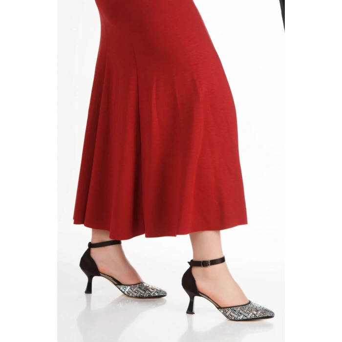 Kadın Siyah Saten Şık Taşlarla Bezenmiş İNCE Topuklu Arkası Kapalı Sivri Burunlu Stiletto