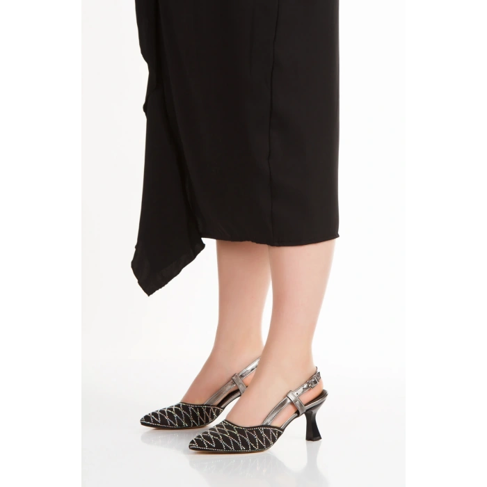 Kadın Siyah Saten İNCE Topuklu Sivri Burunlu Şık Stiletto