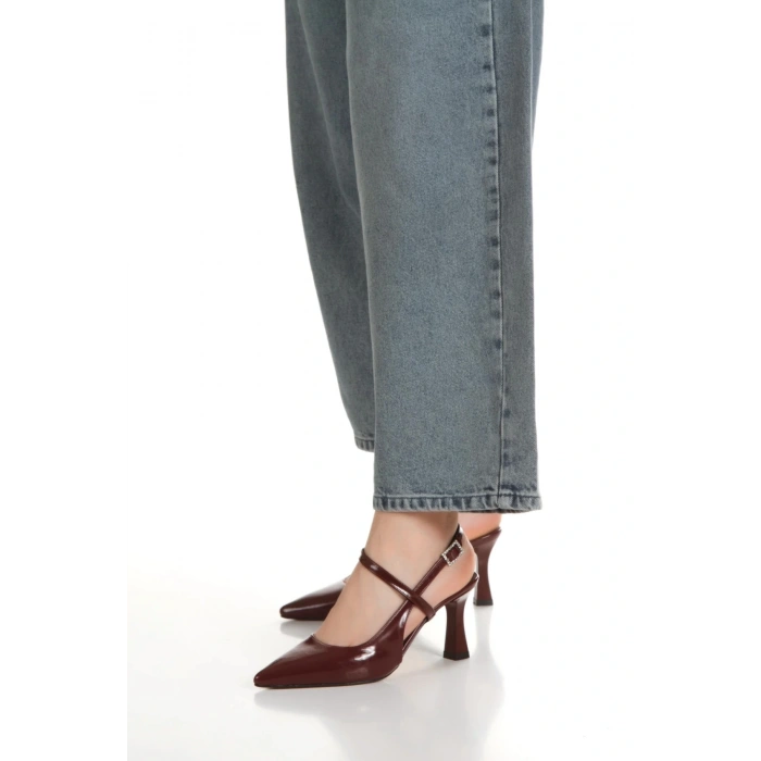 Kadın Bordo Rugan İnce Topuklu Sivri Burunlu Arkası Açık Şık Stiletto